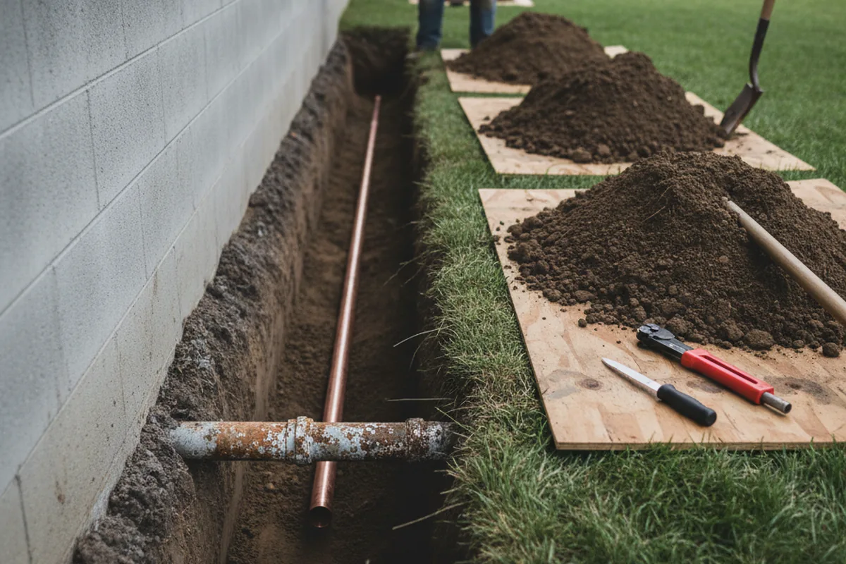 Excavated water line trench during Water Heater Repair in Taunton